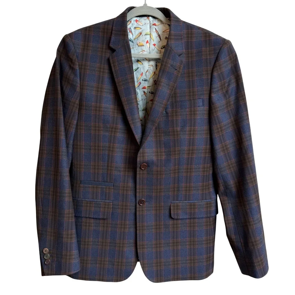 Ted Baker Tight Lines Blazer 38R Blue Brown Plaid Windowpane Preppy Sport Coat
